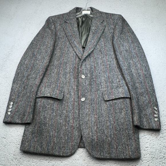 VINTAGE Harris Tweed Sport Coat Men 40 Long Herringbone Blazer Wool Jacket - Picture 1 of 16
